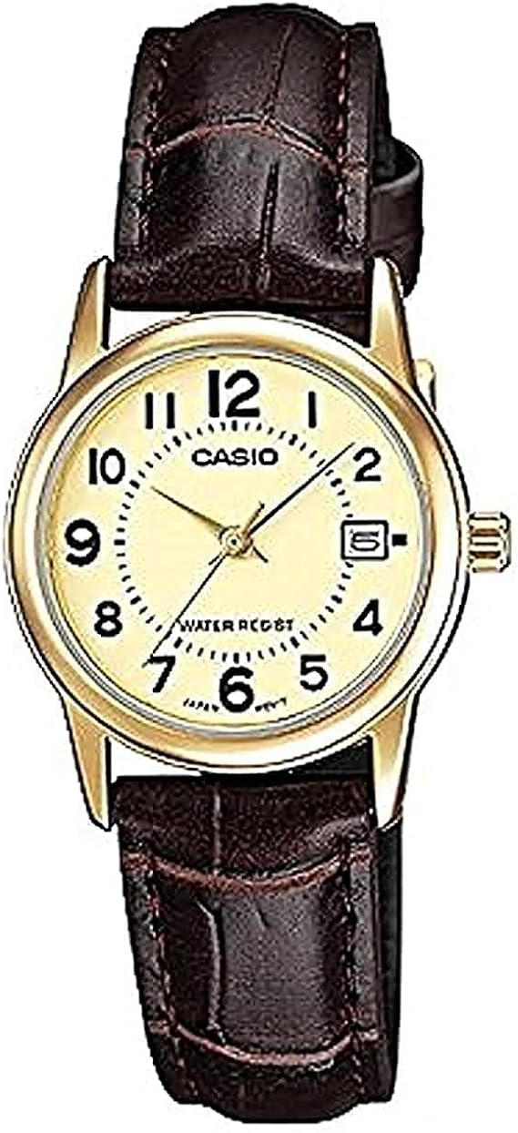 LTP-V002GL-9BUDF Casio Gold Dial Leather Strap Analog Quartz Women's Watch.
