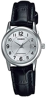 LTP-V002L-7BUDF Casio Silver Dial Black Leather Strap Analog Quartz Women's Watch.