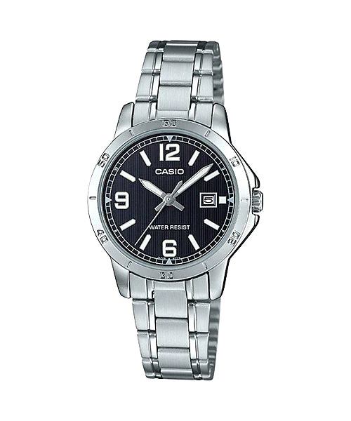 LTP-V004D-1B2UDF Casio Black Dial Stainless Steel Analog Quartz Watch. fashionable