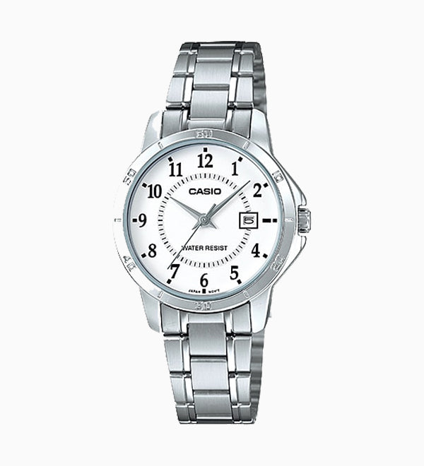 LTP-V004D-7BUDF Casio White Dial Stainless Steel Analog Quartz Women's Watch.