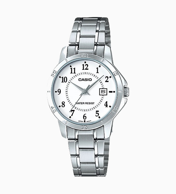 LTP-V004D-7BUDF Casio White Dial Stainless Steel Analog Quartz Women's Watch. fashionable