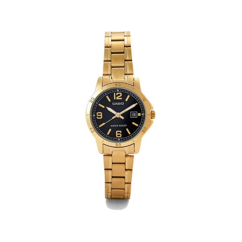 LTP-V004G-1BUDF Casio Black Dial Gold Chain Stainless Steel Quartz Women's Watch. TIMECHECK