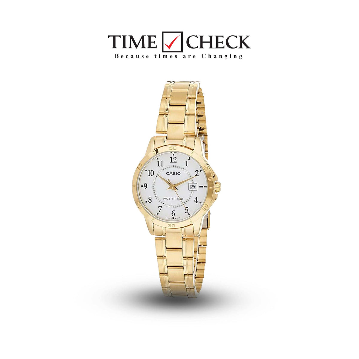 LTP-V004G-7BUDF Casio White Dial Gold Chain Stainless Steel Analog Men's Watch. TIMECHECK