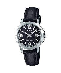 LTP-V004L-1BUDF Casio Black Dial Black Leather Strap Analog Quartz Women's Watch.