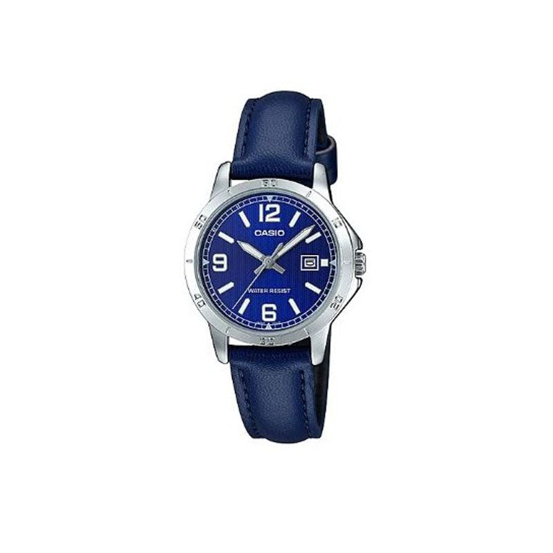 LTP-V004L-2BUDF Casio Blue Dial Blue Leather Strap Analog Quartz Women's Watch.