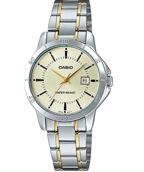 LTP-V004SG-9AUDF Casio yellow Dial Silver Gold Steel Chain Quartz Women's Watch. TIMECHECK