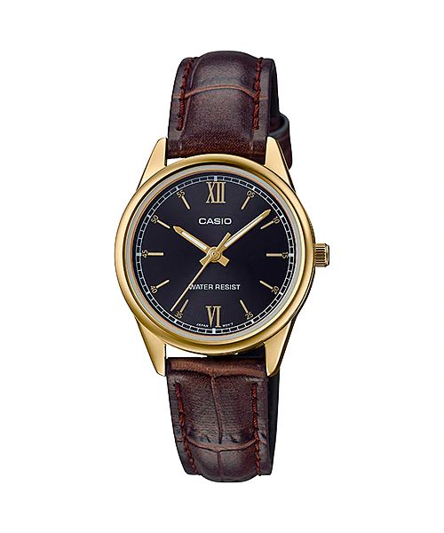 LTP-V005GL-1B2UDF Casio Gold Tone Brown Leather Black Dial Analog Women's Watch.