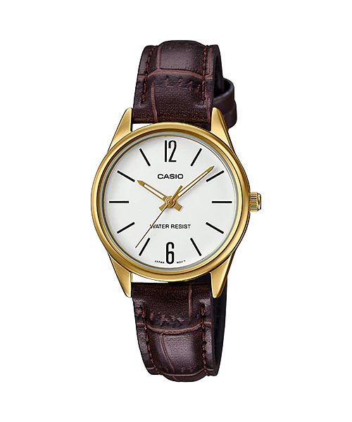 LTP-V005GL-7BUDF Casio Standard Gold Tone Leather Band Analog Women's Watch. fashionable