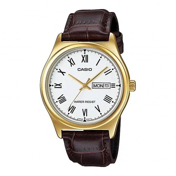 LTP-V006GL-7BUDF Casio White Dial Day Date Leather Strap Analog Women's Watch.