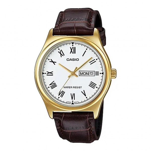 LTP-V006GL-7BUDF Casio White Dial Day Date Leather Strap Analog Women's Watch. TIMECHECK