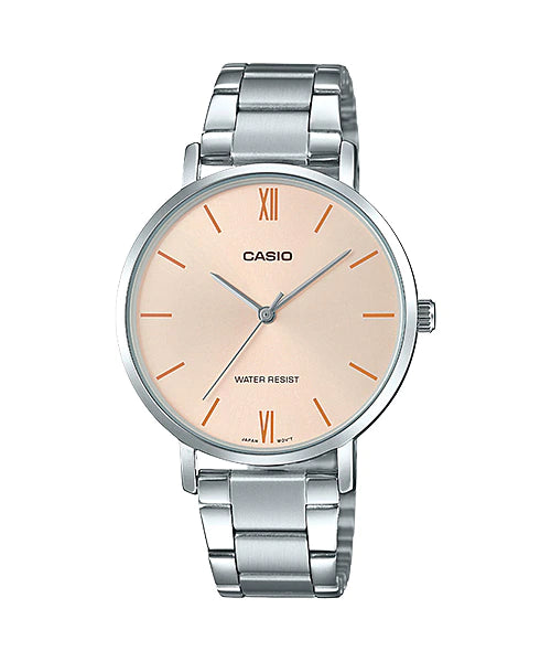 LTP-VT01D-4BUDF Casio Stainless Steel Peach Dial Analog Women's Watch. fashionable