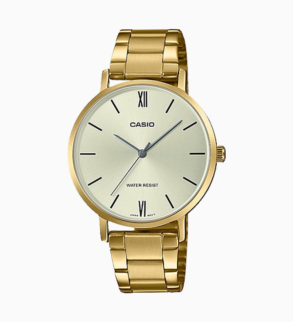 LTP-VT01G-9BUDF Casio analog stainless steel gold women's quartz dress watch. fashionable