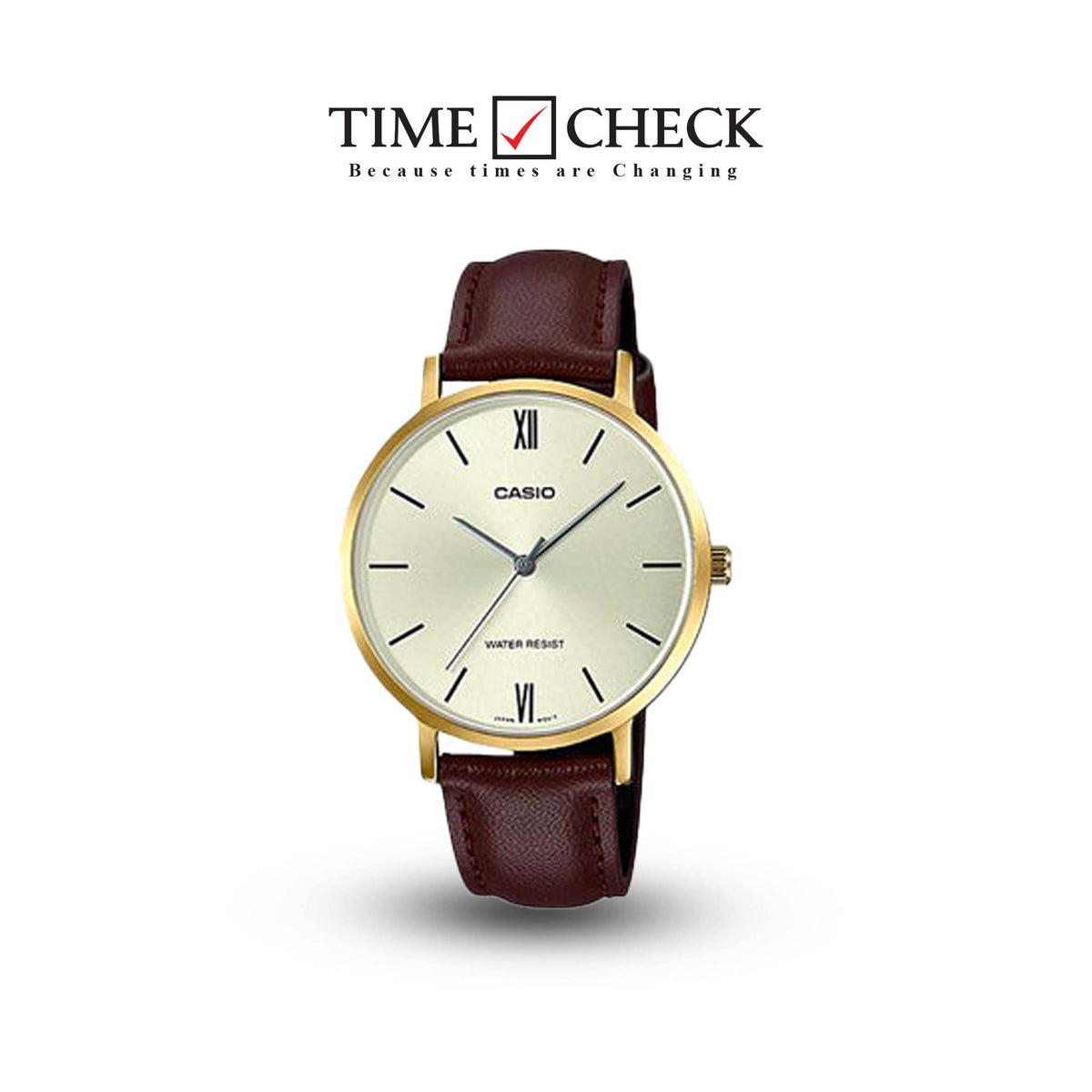 LTP-VT01Gl-9BUDF Casio Gold Tone Brown Leather Band Gold Dial 3-Hand Analog Watch. TIMECHECK