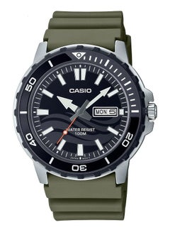 MTD-125-3AVDF Casio Black Dial Green Strap Steel Case Analog Quartz Watch.