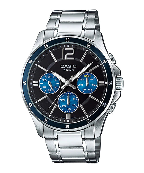 MTP-1374D-2AVDF Casio Blue Dial Stainless Steel Chain Multi Function Analog Men's Watch. fashionable