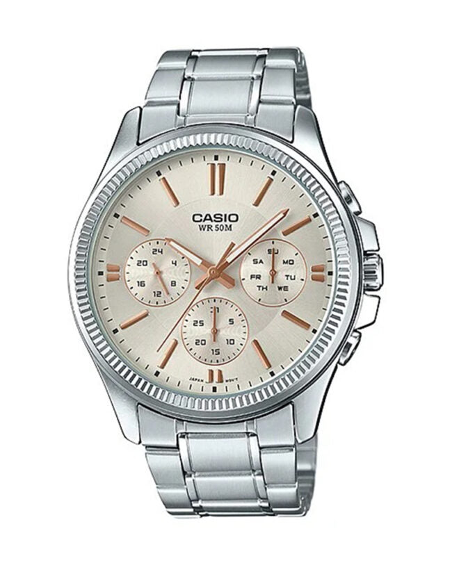 MTP-1375D-7A2VDF Casio Cream Dial Stainless Steel  3 Dial Display Analog Men's Watch. fashionable