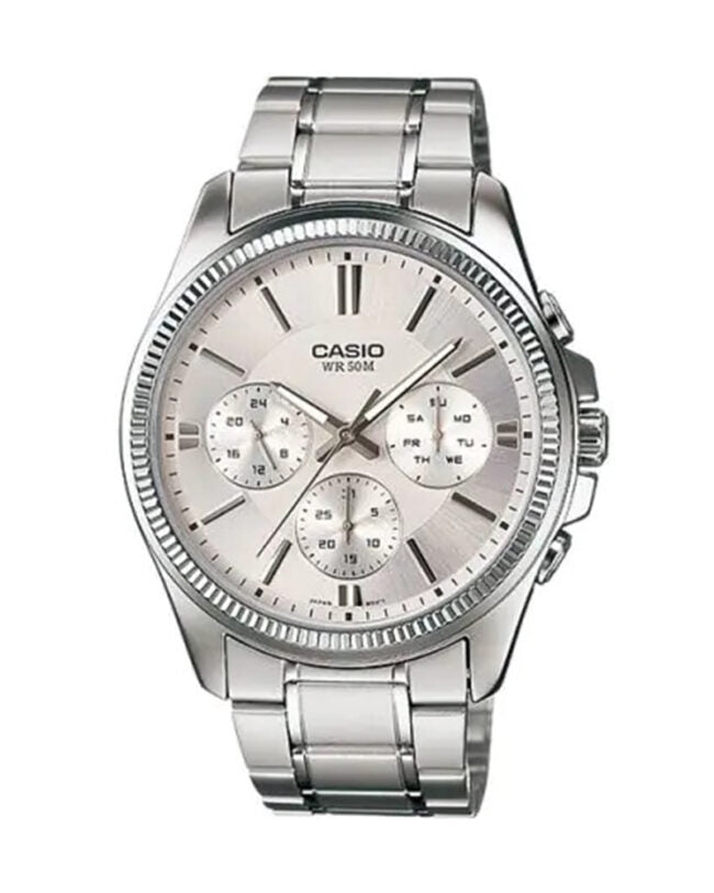 MTP-1375D-7AVDF Casio Silver Case Silver Dial Analog Steel Band Watch for Mens.