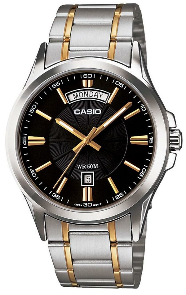 MTP-1381G-1AVDF Casio Silver Case Black Dial Analog Steel Band Watch for Mens.