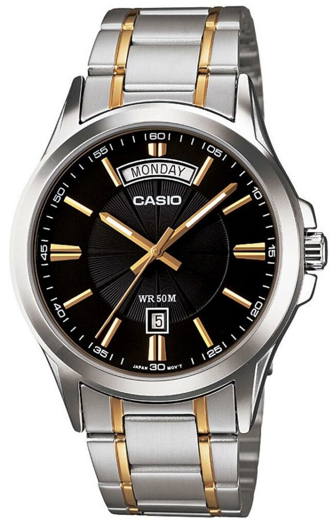 MTP-1381G-1AVDF Casio Silver Case Black Dial Analog Steel Band Watch for Mens. fashionable