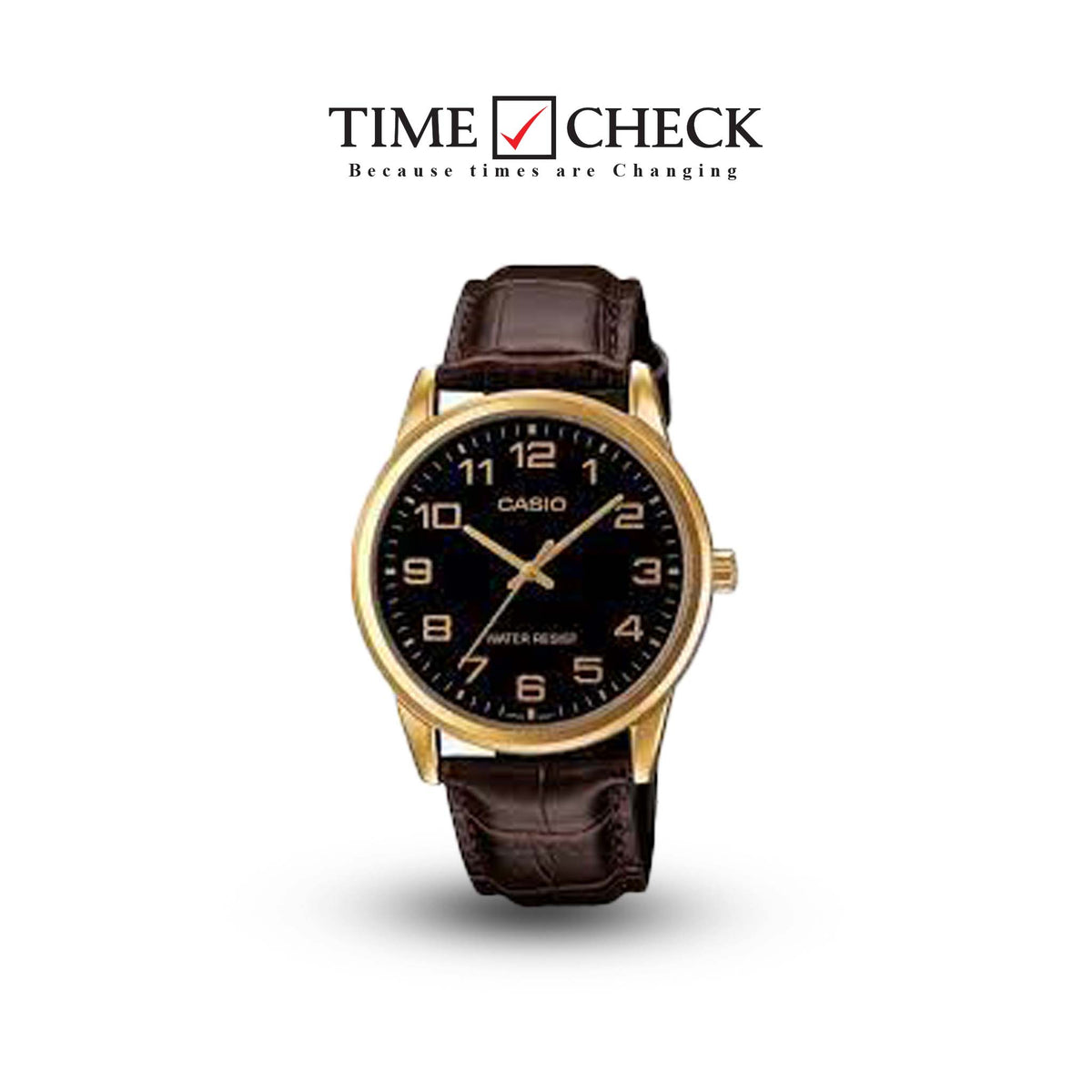 MTP-V001GL-1BUDF Casio Black Dial Brown Leather Strap Analog Quartz Men's Watch. TIMECHECK