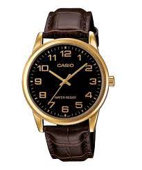 MTP-V001GL-1BUDF Casio Black Dial Brown Leather Strap Analog Quartz Men's Watch.