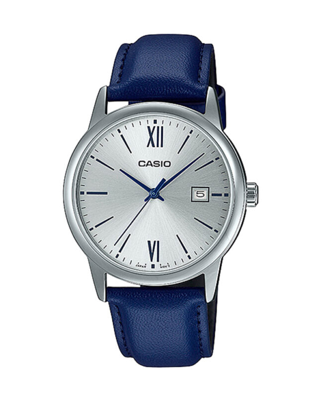 MTP-V002L-2B3UDF Casio Silver Dial Blue Leather Strap Analog Quartz Men's Watch. TIMECHECK