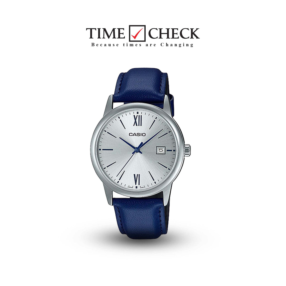 MTP-V002L-2B3UDF Casio Silver Dial Blue Leather Strap Analog Quartz Men's Watch. TIMECHECK