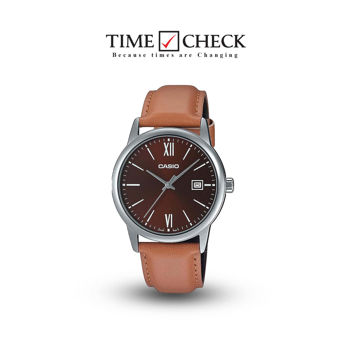 MTP-V002L-5B3UDF Casio Brown Dial Leather Strap Analog Quartz Men's Watch. TIMECHECK