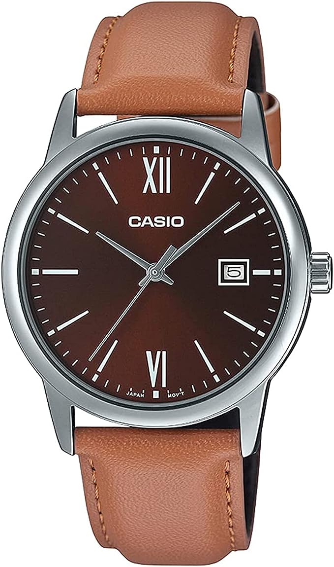 MTP-V002L-5B3UDF Casio Brown Dial Leather Strap Analog Quartz Men's Watch. TIMECHECK