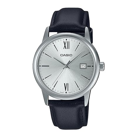 MTP-V002L-7B3UDF Casio Silver Dial Black Leather Strap Analog Quartz Men's Watch. TIMECHECK