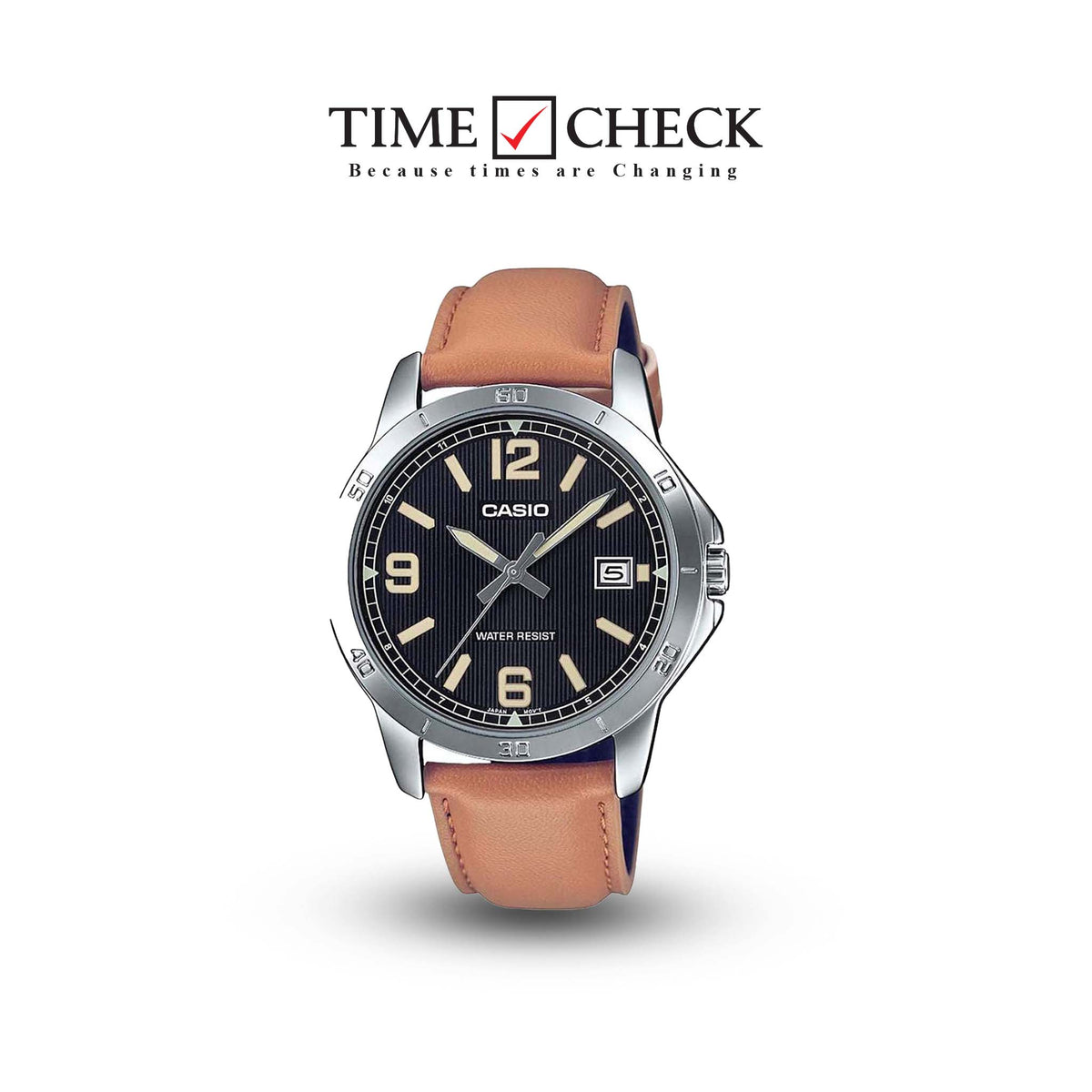 MTP-V004L-1B2UDF Casio Black Dial Brown Leather Strap Analog Quartz Men's Watch. TIMECHECK