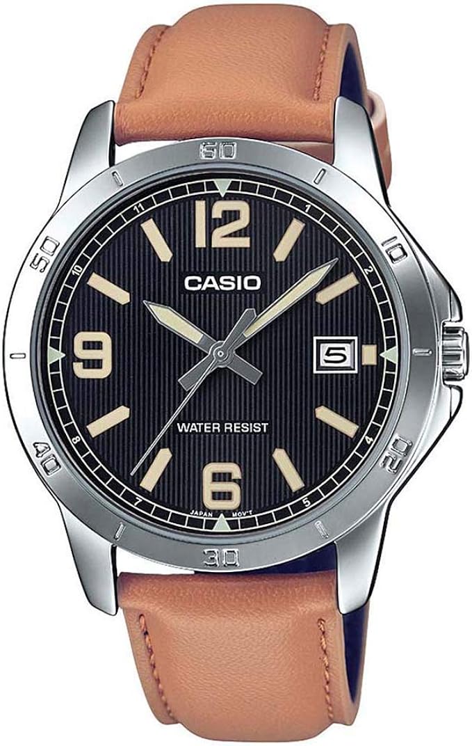MTP-V004L-1B2UDF Casio Black Dial Brown Leather Strap Analog Quartz Men's Watch.