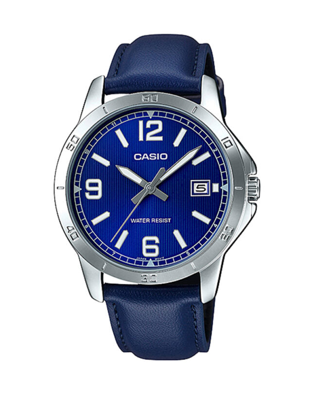 MTP-V004L-2BUDF Casio Blue Dial Blue Leather Strap Analog Quartz Men's Watch. TIMECHECK