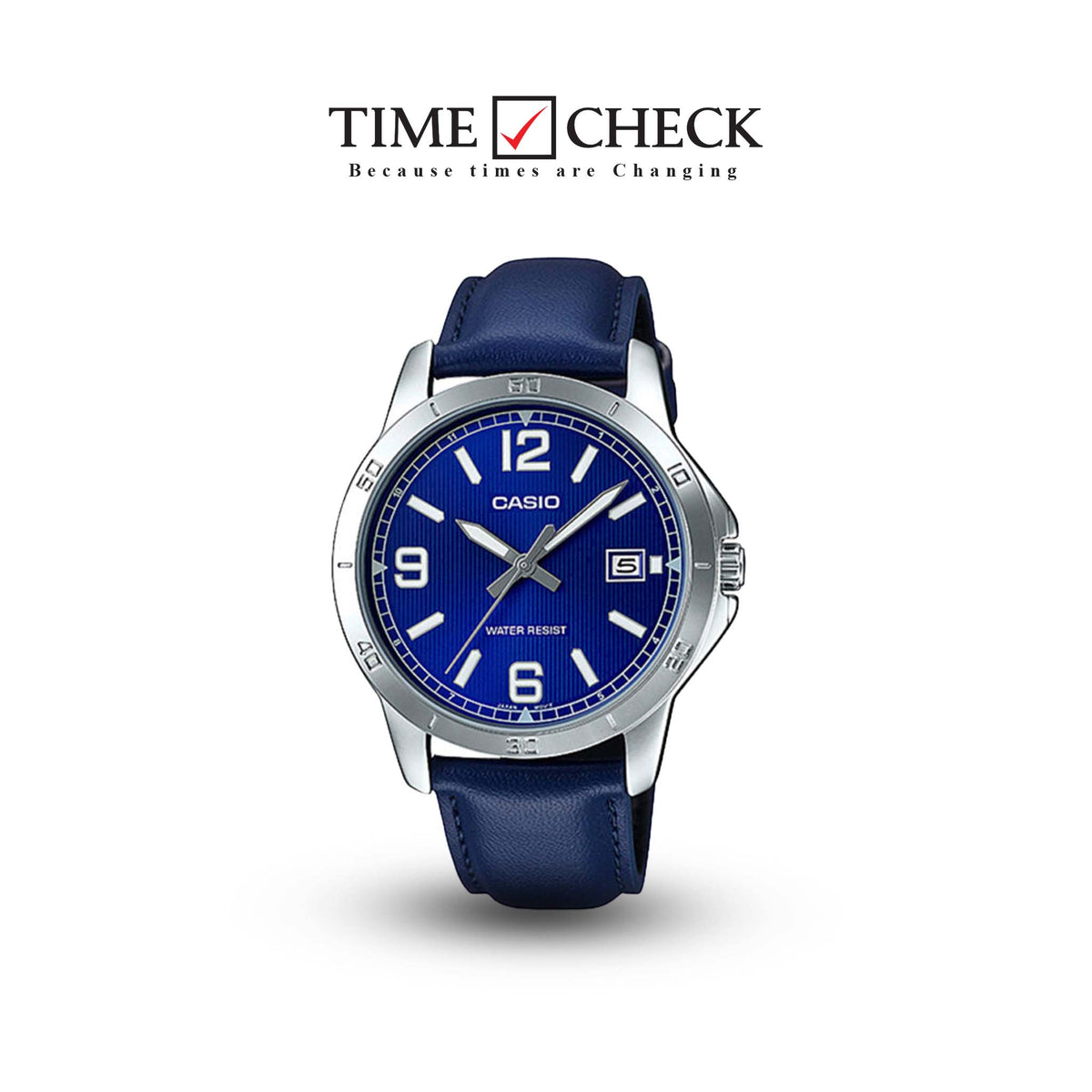 MTP-V004L-2BUDF Casio Blue Dial Blue Leather Strap Analog Quartz Men's Watch. TIMECHECK