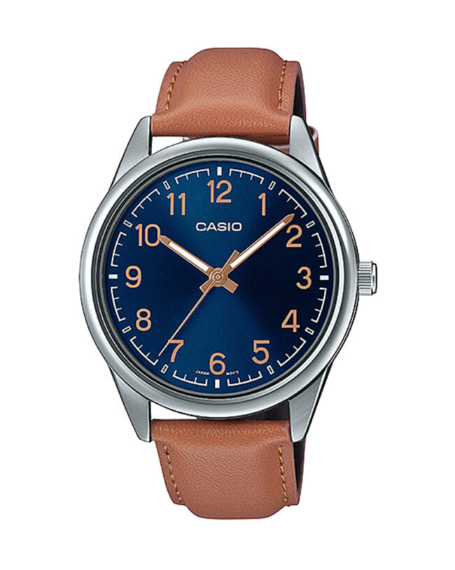 MTP-V005L-2B4UDF Casio Blue Dial Blue Leather Strap Analog Quartz Men's Watch. TIMECHECK