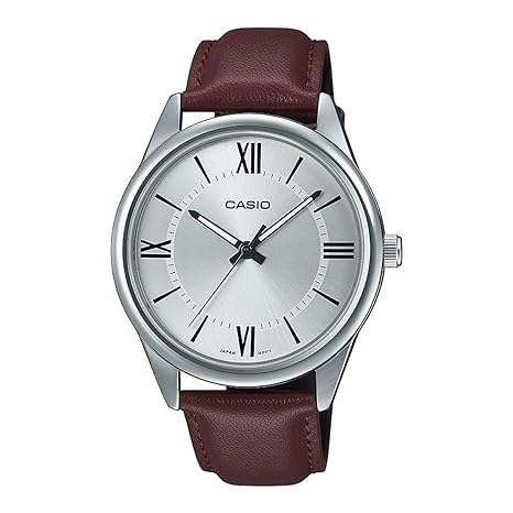 MTP-V005L-7B5UDF Casio Silver Dial Brown Leather Strap Analog Quartz Men's Watch. TIMECHECK