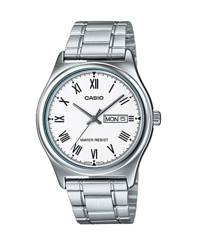 MTP-V006D-7BUDF Casio White Dial Day & Date Stainless Steel Analog Men's Watch.