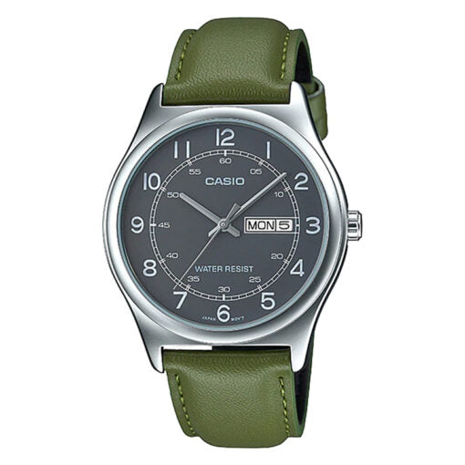 MTP-V006L-3BUDF Casio Gray Dial Green Leather Strap Analog Quartz Men's Watch.