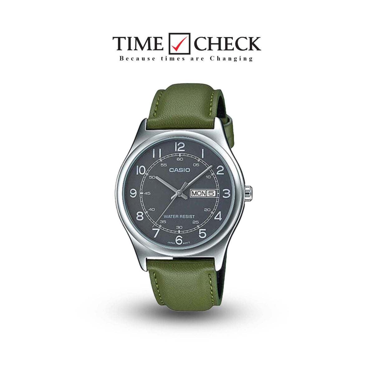 MTP-V006L-3BUDF Casio Gray Dial Green Leather Strap Analog Quartz Men's Watch. TIMECHECK