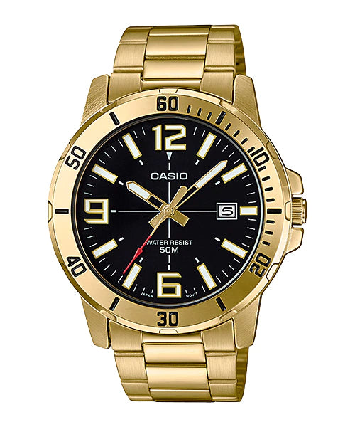 MTP-VD01G-1BVUDF Black Dial Stainless Steel Gold Chain Analog Quartz Men's Watch.