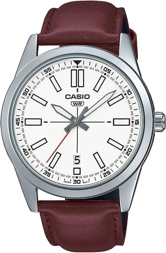 MTP-VD02L-7EUDF Casio Leather Band White Dial 3-Hand Analog Men's Watch. fashionable