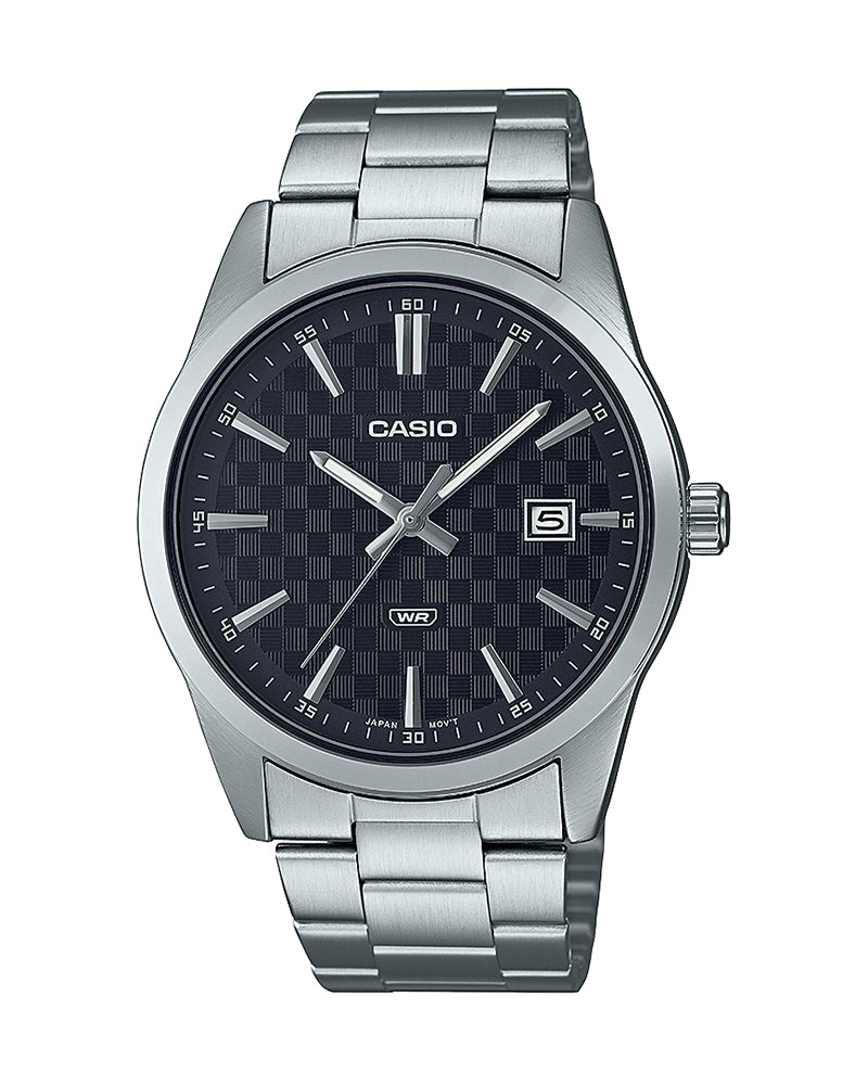 MTP-VD03D-1AUDF Casio Black Dial Silver Stainless Steel Analog Quartz Men's Watch.