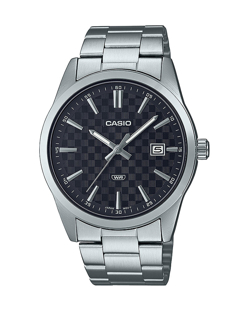 MTP-VD03D-1AUDF Casio Black Dial Silver Stainless Steel Analog Quartz Men's Watch. TIMECHECK