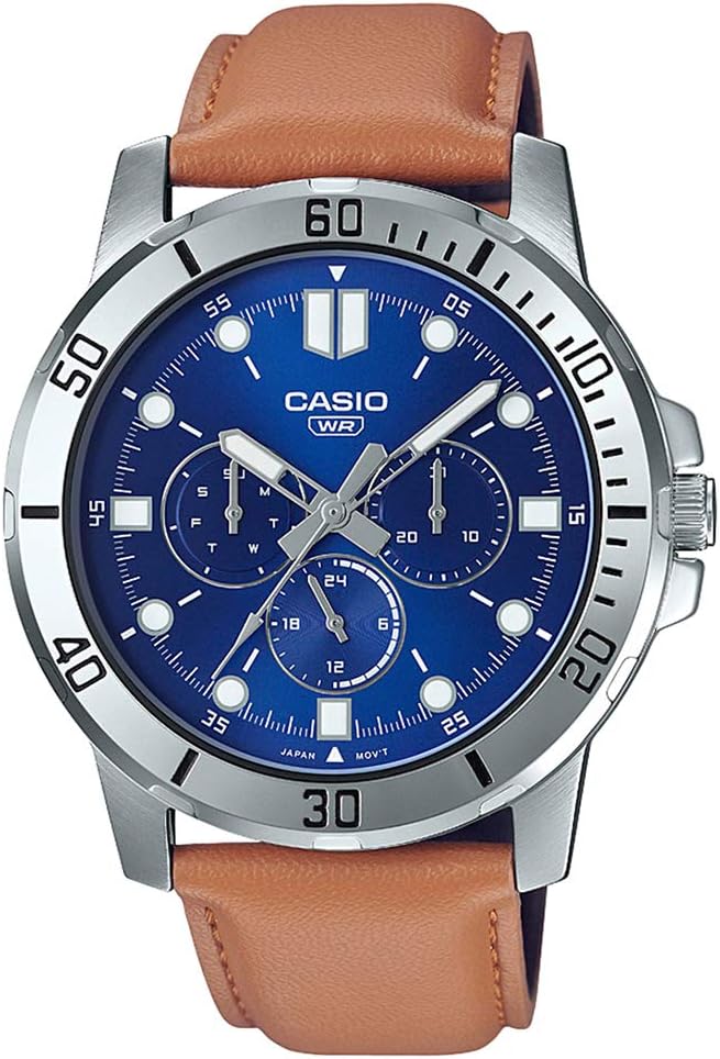 MTP-VD300L-2EUDF Casio Leather Multi function Men's Watch. fashionable