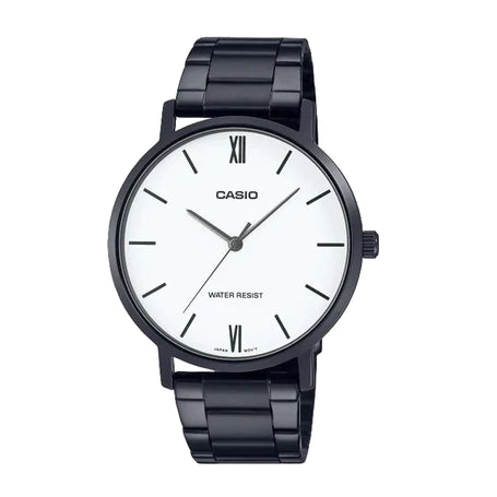 MTP-VT01B-7BUDF Casio Black IP Stainless Steel White Dial 3-Hand Analog Men's Watch. fashionable