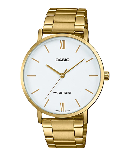 MTP-VT01G-7BUDF Casio White Dial Golden Stainless Steel Chain Analog Men's Watch. TIMECHECK