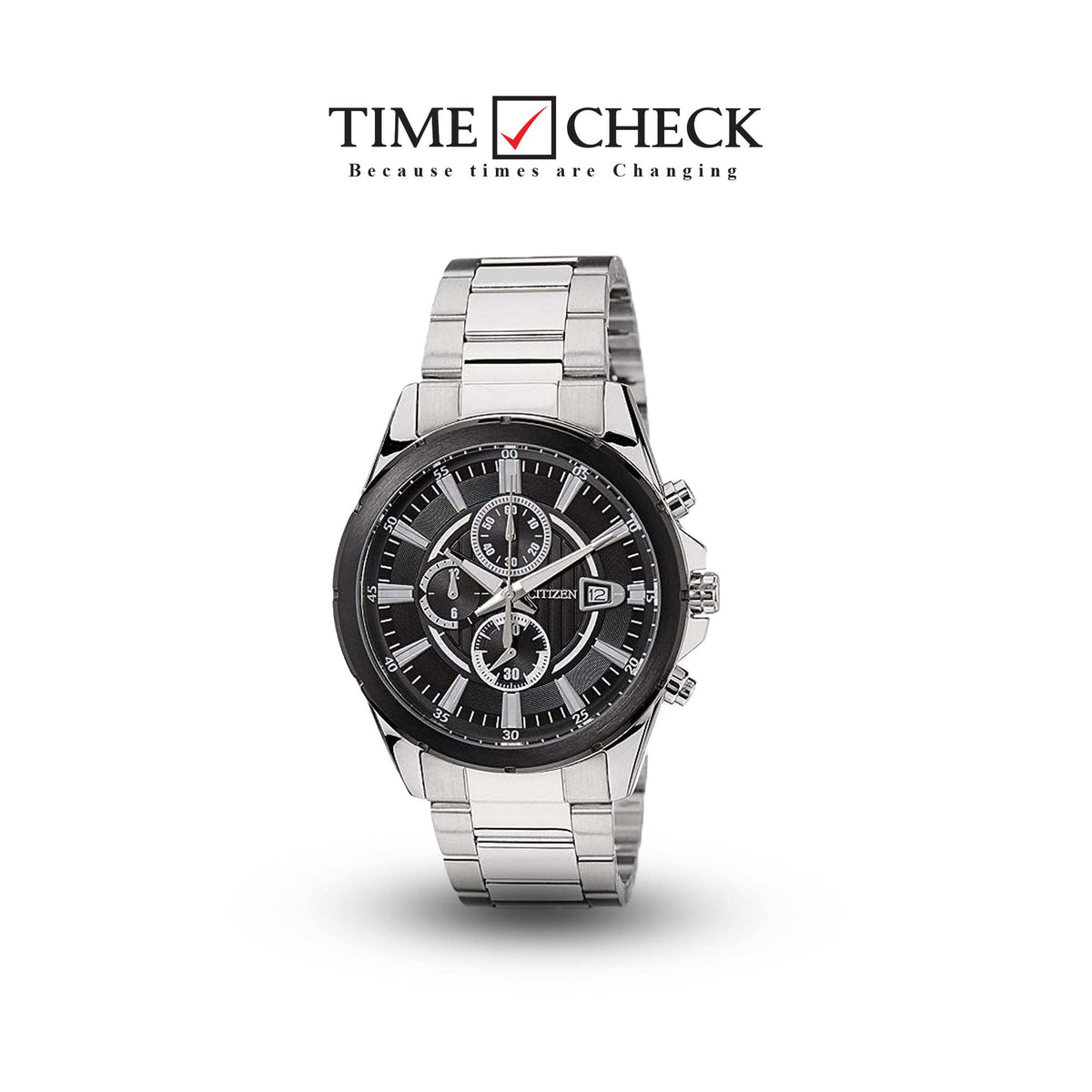 AN3561-59E Citizen Men's Black Dial Stainless Steel Band Chronograph Watch. fashionable