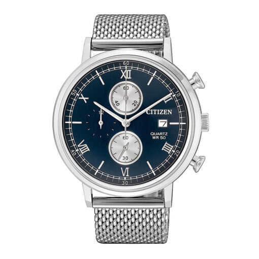 AN3610-80L Citizen Quartz Blue Dial Chronograph Mesh Bracelet Men's Watch.