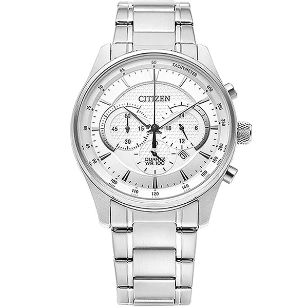 AN8190-51A Citizen White Dial Silver Stainless Steel Quartz Chronograph Men's Watch. TIMECHECK