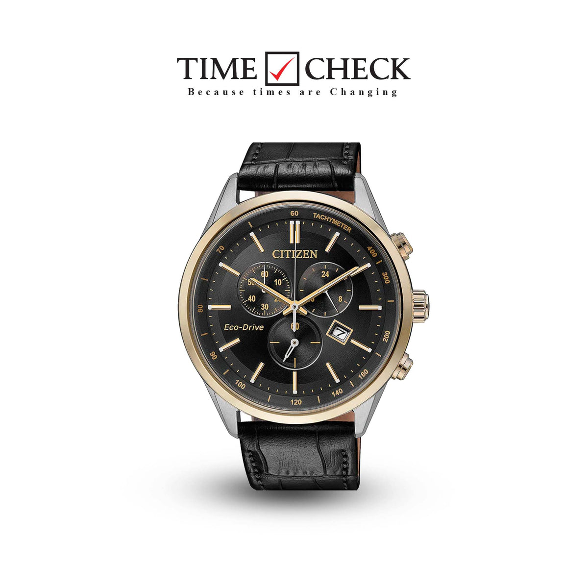 AT2144-11E Citizen Black Dial Black Leather Strap Chronograph Analog Men's Watch. TIMECHECK